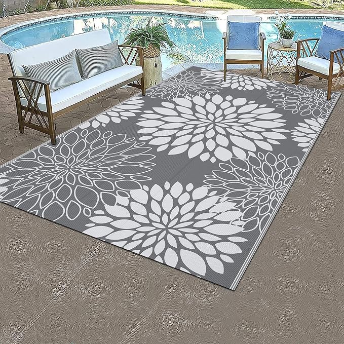 Ileading Waterproof Outdoor Rug 5x8, Reversible Plastic Straw Patio Rug, Portable Indoor Outdoor RV Camping Mat Carpet for Deck, Porch, Balcony, Backyard, Picnic, Floral Grey