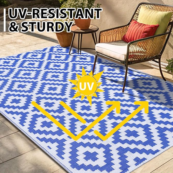 Smiry Waterproof Outdoor Rug 4x6 ft, Reversible Plastic Straw Patio Camping Rugs, Outdoor Indoor RV Mat Carpet for Patio, Outside Entry, Backyard, Deck, Bench, Picnic, Camper, White & Blue