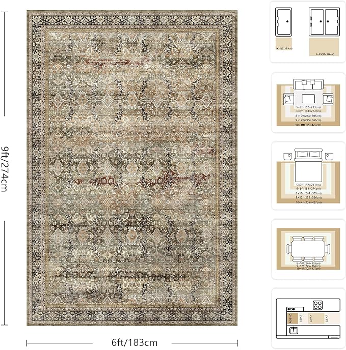 6x9 Area Rugs - Washable Vintage Retro Living Room Rug, Soft Ultra Thin Non Slip Low Pile Traditional Distressed Boho Carpet for Bedroom Dining Room Nursery Home Office, Charcoal Olive
