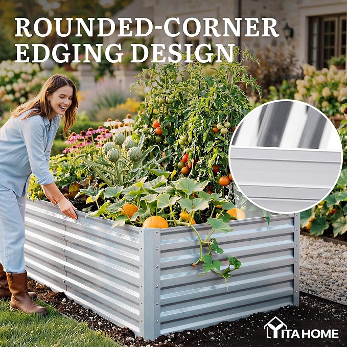 YITAHOME 6x3x2ft Galvanized Raised Garden Bed, Metal Planter Box with Safety Rubber, Gloves, Outdoor Flower Bed for Planting Plants Vegetables, Silver