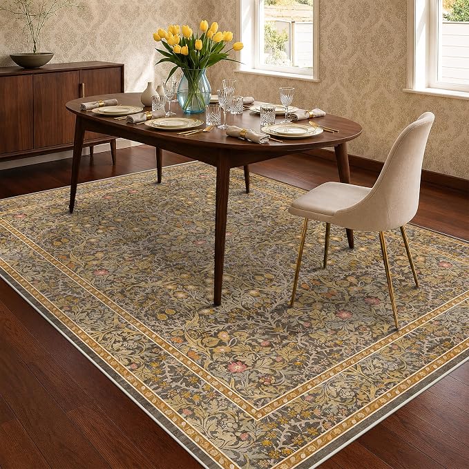 Dining Room Rugs for Under Table - 6x8 Brown Washable Area Rug for Living Room, Low Pile Non-Slip Floor Carpet for Bedroom - Vintage Design & Stain Resistance