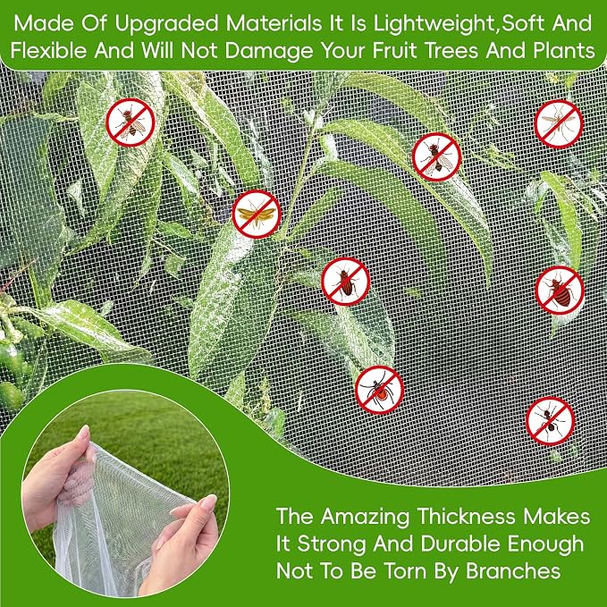 10' x 12' Large Fruit Tree Netting for Squirrels and Birds with Drawstring, Insect Bird Netting Pest Barrier for Garden Protection (White)