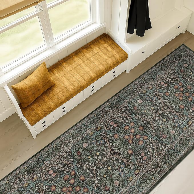 Dark Green Washable 2x8 Runner Rug Non Slip for Kitchen, Hallway, Entryway Indoor, 8ft Long Rubber Backed Low Pile Carpet Runners - Stain Resistant Vintage Floor Décor