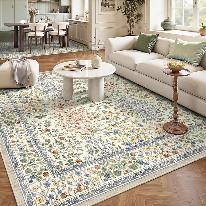 6x6 Square Area Rugs, Machine Washable Low Pile Floral Rugs for Living Room, Bedroom, Large Boho Area Rug with Non-Slip Backing for Dining Room(Beige Floral)