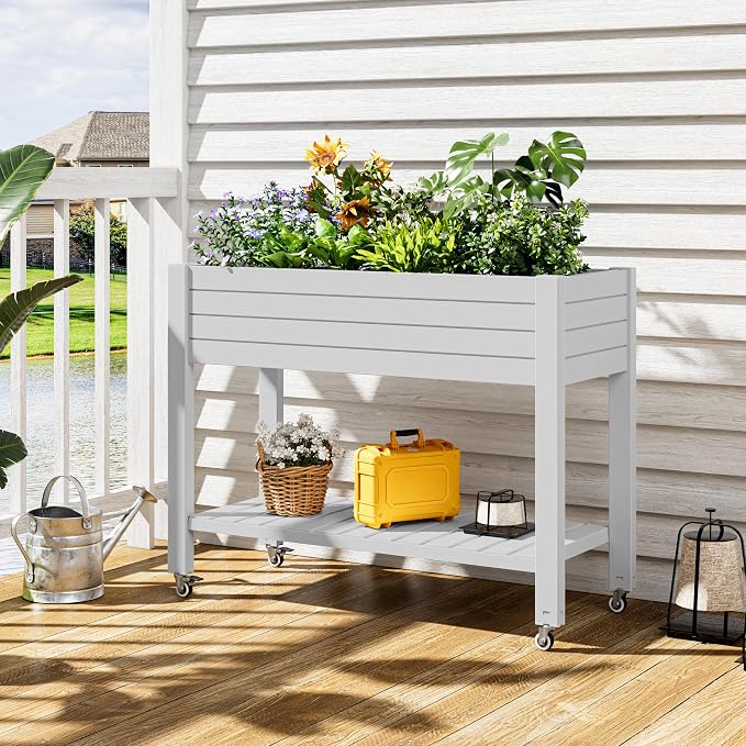 33.7" Tall Raised Garden Bed with Wheels, Divisible Resin Planter Box with Drainage Gauge & Storage Shelf, Herb Planter for Garden Patio Backyard, Medium Ashen (33.7" h)