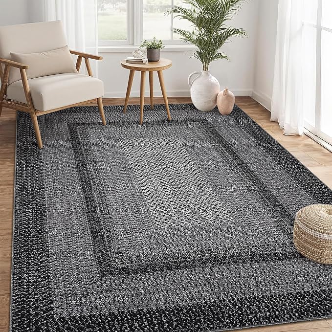 RUGSREAL Washable Bedroom Rug 4x6 Living Room Braided Print Floor Cover | Dining Room Throw Carpet with Rubber Backing Farmhouse Rustic Accent Rugs for Living Room Home Decor, Black