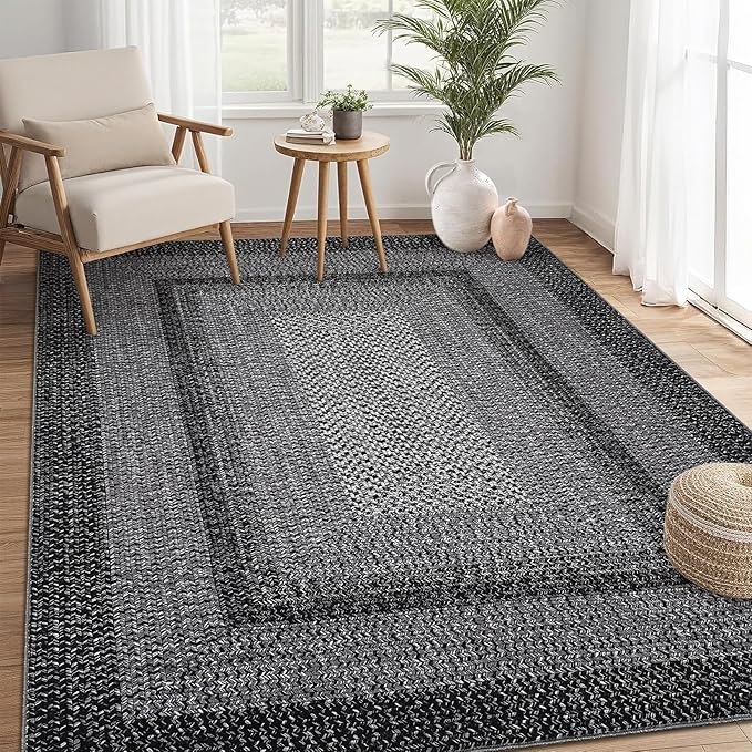 RUGSREAL 10x13 Large Living Room Rug Washable Braided Print Bedroom Rugs | Throw Carpet Farmhouse Rustic Dining Room Non Slip Geometric Bordered Carpet for Home Decor Office, Black