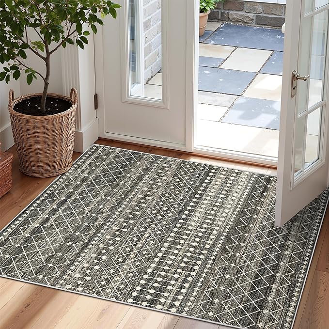 Miukiki 2x3 Entryway Rug Washable Non Slip Moroccan Area Rugs Black | Soft Low Pile Kitchen Rug for Bedroom Bathroom Floor, Indoor Small Rug Easy Clean Machine Washable Rugs 2'x3'