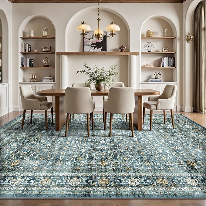 8x10 Area Rugs for Living Room - Washable Vintage Retro Large Rug, Soft Ultra Thin Non Slip Low Pile Traditional Distressed Boho Carpet for Bedroom Dining Room Home Office, Blue