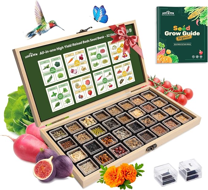 Lush&Dew Raised Garden Bed Heirloom Seed Bank, 32 Type 30000+ Non-GMO Seeds | USA-Sourced Seeds for Planting Vegetables Herbs Fruits, Gardening Gifts for Women Men, Survival Seed Vault Kit, Food Supplies