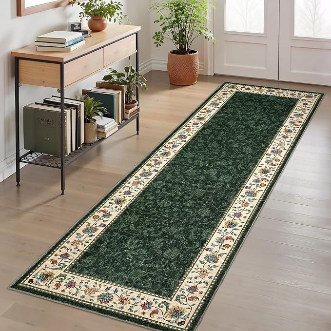 Garvee 2x6 Vintage Floral Kitchen Rugs Washable Rugs for Hallway | Green Boho Border Area Rug Stain Resistant Easy Cleaning Throw Rugs Low Pile Floor Cover for Bedroom Laundry
