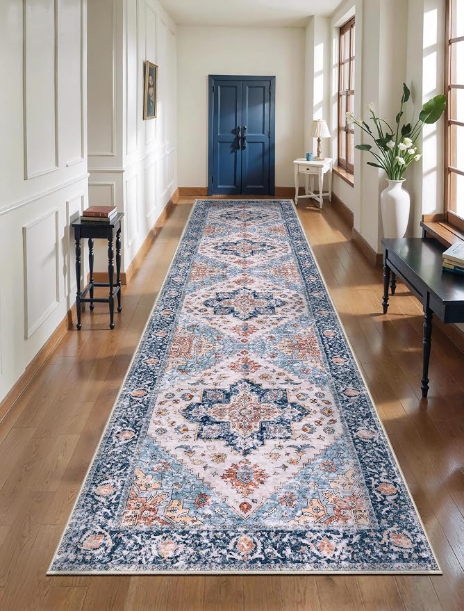 SERISSA 3x12 Washable Non Slip Boho Runner Rug for Hallway，Blue Orange | Ultra Soft Vintage Oriental Carpet Low-Pile Tribal Floor Carpet for Stair Kitchen Bedroom Bathroom Laundry Room