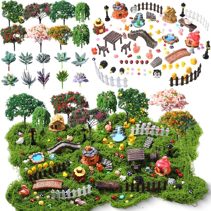 WinnerWhy 116 Pcs Fairy House Accessories Kit Miniature Garden Accessories Terrarium Decoration Mini Diorama Figurines Miniature Landscape Trees Simulated Succulents for DIY Garden Doll House Craft