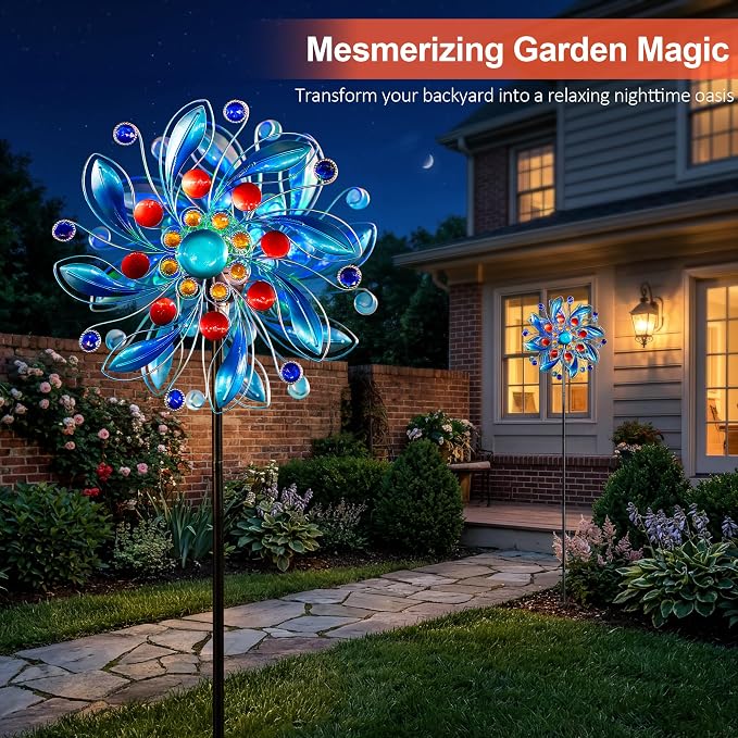 Solar Wind Spinner with Glass Ball - Lighted Kinetic Metal Yard Art with Jeweled Accents - Vibrant Blue Floral Windmill Outdoor Garden Decor for Patio, Lawn, and Pathway