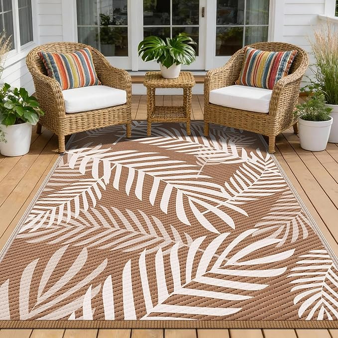 Kohree Outdoor Rug Waterproof 9x12, Reversible Outdoor Plastic Straw Rug with Leaf Pattern, Easy-Cleaning RV Mat Carpet for Patio, Porch, Camping, Balcony, Deck, Backyard, Brown & Beige