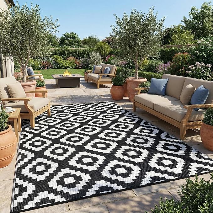 Garvee Outdoor Rug 9x18 Outdoor Patio Rug Reversible Plastic Straw Rugs Waterproof Foldable Mat Easy Clean Lightweight Carpet for Backyard Camping Porch RV Beach Balcony Deck Picnic Square White