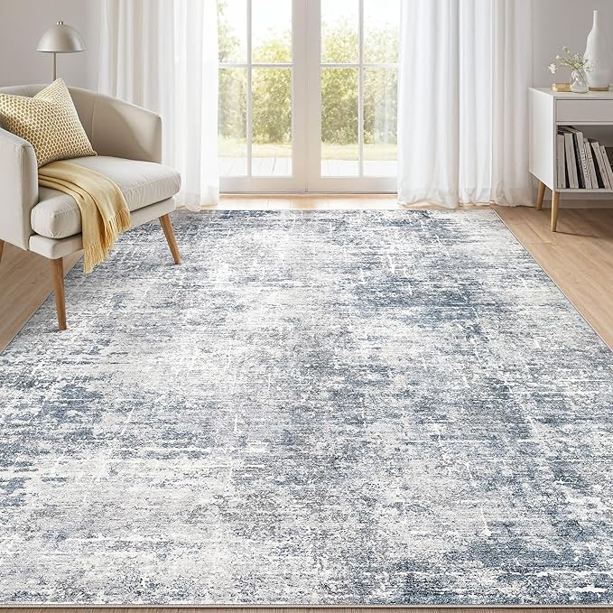 kakania Abstract 7x9 Area Rugs for Living Room: Washable Rugs Blue Grey | Soft, Non-Slip, Low-Pile, Pet & Kid Friendly - Modern Home Decor Carpet for Bedroom/Dining Room/Office/Nursery