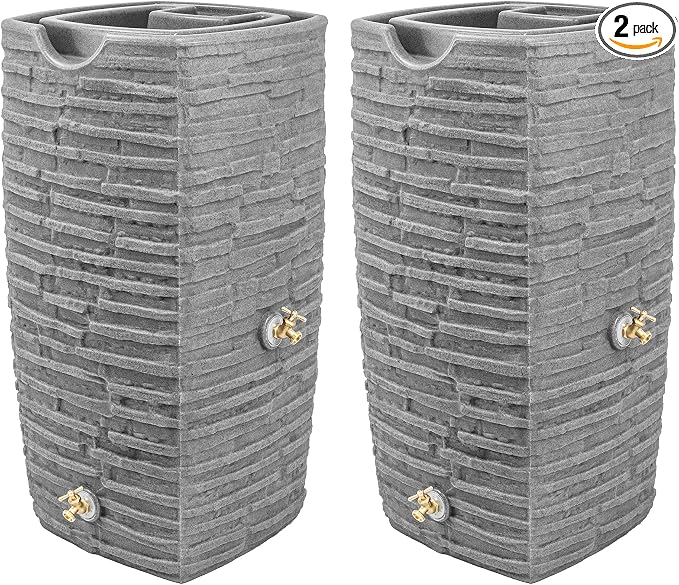 Good Ideas Impressions Riverwalk 50 Gallon Faux Slate Surface Dual Spigot Rain Barrel with 2 Brass Spigots and Screen, Dark Granite (2 Pack)