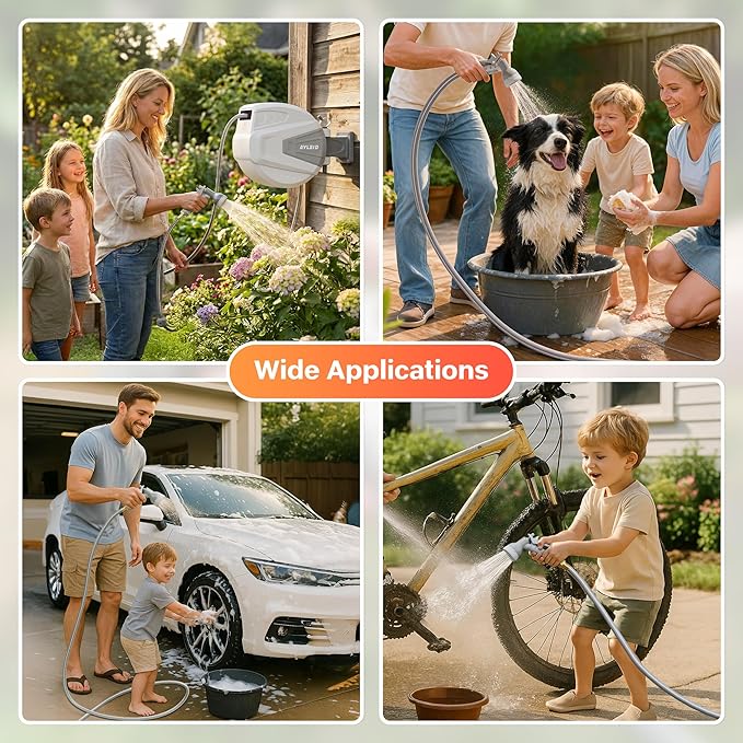 Ayleid Retractable Rubber Hybrid Garden Hose Reel, 1/2"x65ft Wall Mount | Anti-freeze, kink-free premium rubber hybrid hose, 24-month warranty, 9-pattern sprayer, any-length lock, slow auto-return.