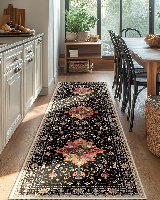 RELEANY Washable Area Rug, Runner 2'x8', Black/Colorful | Non-Slip, Water Repellent, Pet Friendly, Easy to Clean, Vintage Floral Boho Decor for Kitchen Hallway Bedroom Laundry