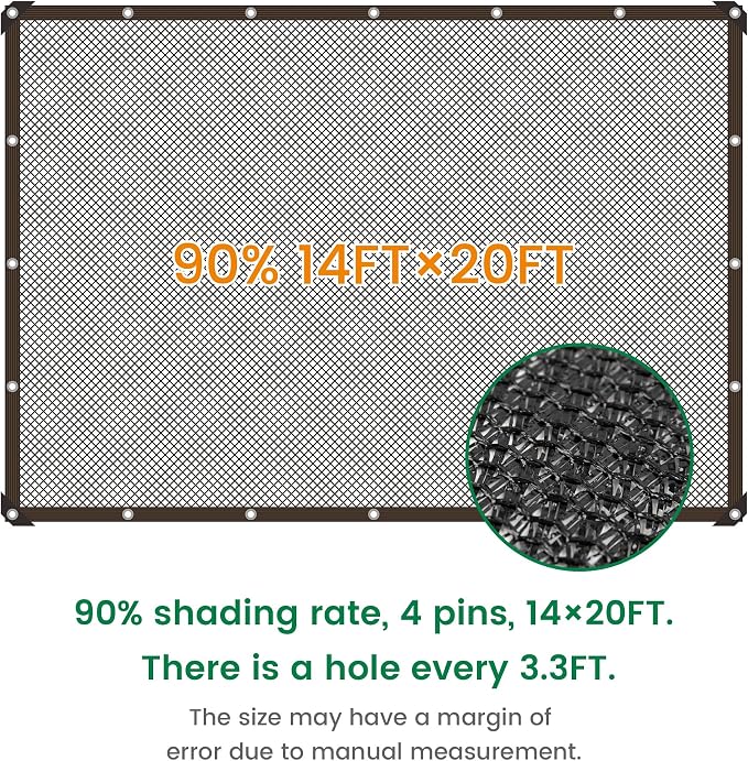 90% 14 X 20 FT Black Shade Cloth, Outdoor Woven Sun Shade with Grommets, Durable Sun Shade Netting Shading Antifreezing for Patio, Garden, Plants Cover, Greenhouse, Barns, Dog Kennel