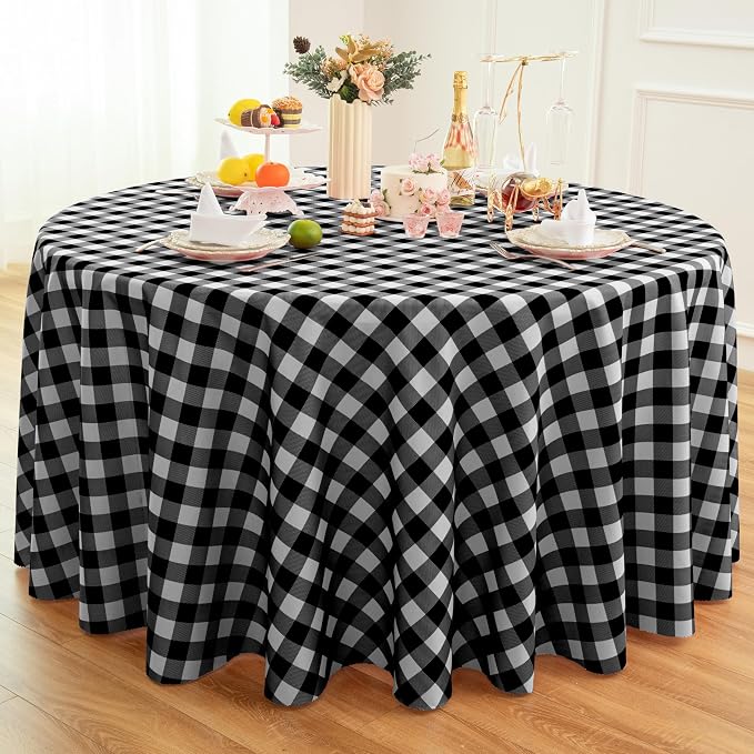 Waterproof Plaid Tablecloth Fabric - Round 108 Inch Classic Gingham Checker Table Cloth for Indoor/Outdoor Use - Buffalo Table Cover for Picnics, BBQs, and Parties