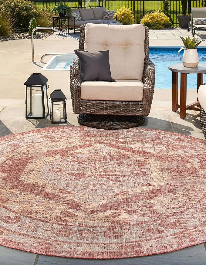 Unique Loom Outdoor Traditional Collection Area Rug - Valeria (4' 1" Round, Rust Red/ Ivory)