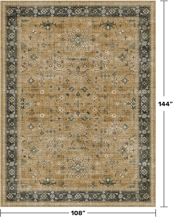 Washable 9x12 Living Room Rug - Vintage Extra Large Area Rugs for Dining Room Under Table, Rustic Brown and Charcoal Olive Low Pile Carpet for Bedroom Under the Bed, Non-Slip Stain & Fade Resistant