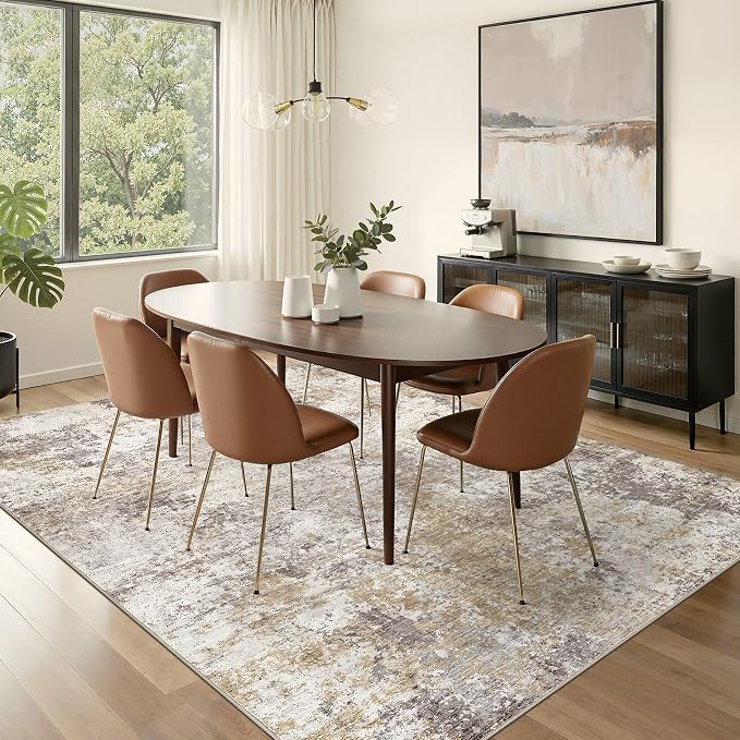 Nakagishi 6X9 Abstract Washable Area Rugs for Living Room-Golden Brown | Modern Non-Slip Silicone Backing Low Pile Soft Carpet for Bedroom Dining Decor for Families with Kids and Pets