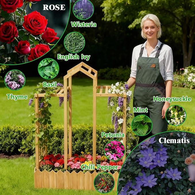 Raised Garden Beds with Arch Trellis Outdoor, Wooden Planter Boxes with Hanging Roof, Side Trellis Patio Wooden Flower Pots for Vines Climbing Vegetables Plants(Wood5)