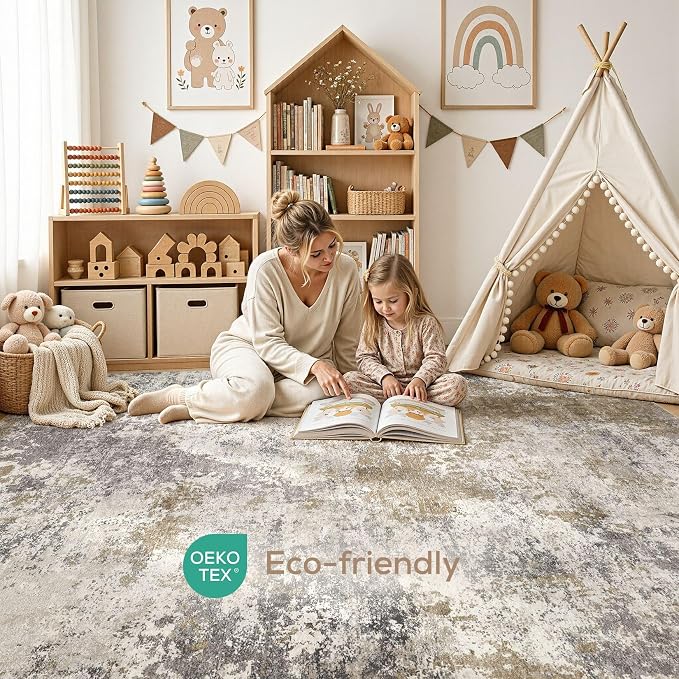 Nakagishi 10X12 Abstract Washable Area Rugs for Living Room-Brown Grey | Modern Non-Slip Silicone Backing Low Pile Soft Carpet for Bedroom Dining Decor Ideal for Families with Kids and Pets