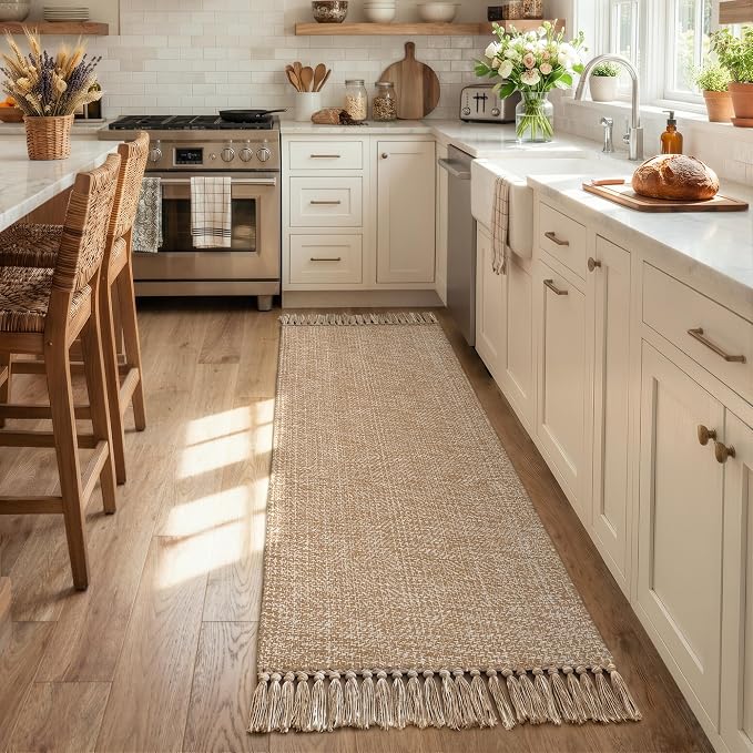 2' x 6' Kitchen Runner Rug, Modern Farmhouse Washable Bathroom Mat | Boho Hand Woven Rugs for Hallways, Tan/Cream Jute Bedroom Runner Rug, Reversible Carpet for Laundry, Entryway, Bedside, Patio