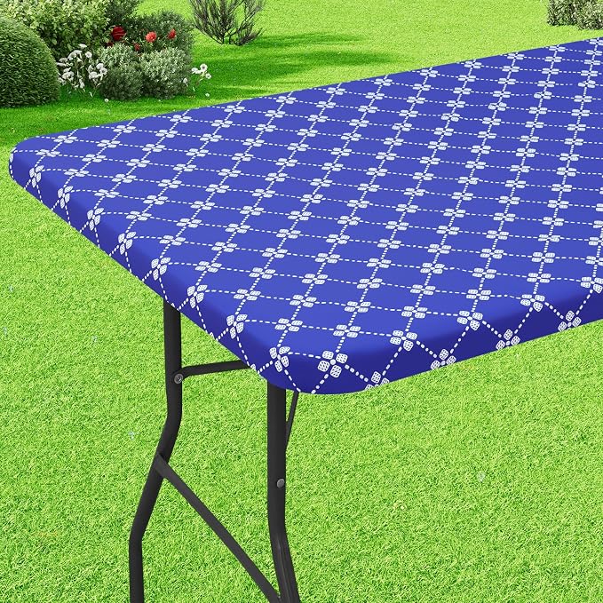 misaya Rectangle Vinyl Table Cloth, Elastic Fitted Tablecloth with Flannel Backing, Waterproof Plastic Table Cover Fits 4 Foot Folding Tables for Picnic, Camping, Indoor and Outdoor (Blue, 30" x 48")