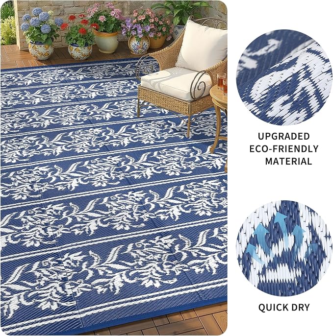Garvee Outdoor Rugs 5x8 Waterproof Reversible Mat Boho Leaf Patio Rug with 4 Stakes and Starage Bag, Large Outdoor RV Mat Rugs for Camping, Picnic, Balcony, Deck, Backyard, Navy Blue & White