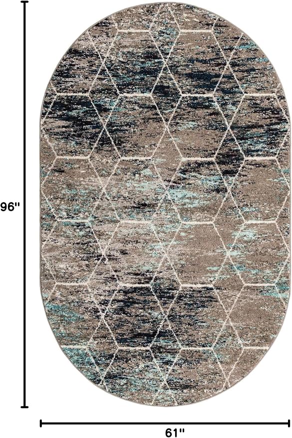 Unique Loom Trellis Frieze Collection Area Rug - Geometric (5' x 8' Oval, Blue Multi/ Ivory)