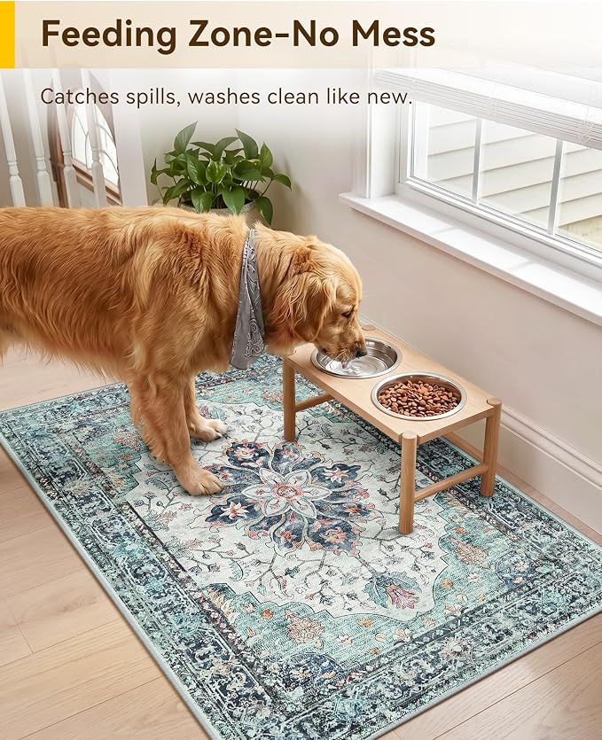 RELEANY Washable Area Rug, Small 2'x3', Teal Green/White/Navy | Non-Slip, Water Repellent, Pet Friendly, Easy to Clean, Vintage Floral Boho Decor for Kitchen Entryway Bathroom