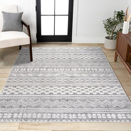 JONATHAN Y Imlil Tribal Stripe Light Gray/Cream Indoor Area Rug, 5x8, Geometric, Bohemian, Casual, Easy-Cleaning for Living Room, Bedroom, Kitchen, Pet Friendly, Non-Shedding (MOH303A-5)