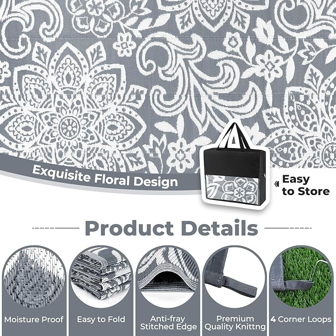 Findosom Waterproof Outdoor Rug 9' x 12' - Reversible Mandala Outdoor Plastic Straw Rug, Durable Foldable Patio Rug for RV, Deck, Balcony, Backyard, Picnic, Porch, Camping, Beach, Gray