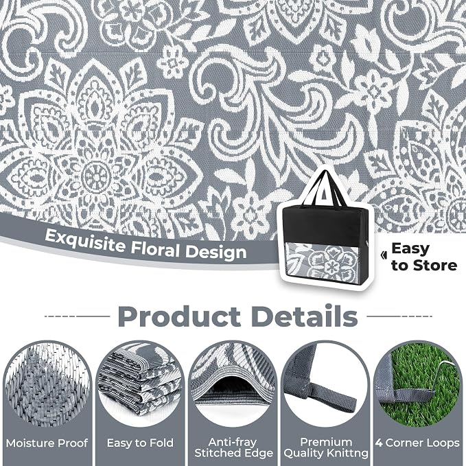 Findosom Waterproof Outdoor Rug 8' x 10' - Reversible Mandala Outdoor Plastic Straw Rug, Durable Foldable Patio Rug for RV, Deck, Balcony, Backyard, Picnic, Porch, Camping, Beach, Gray