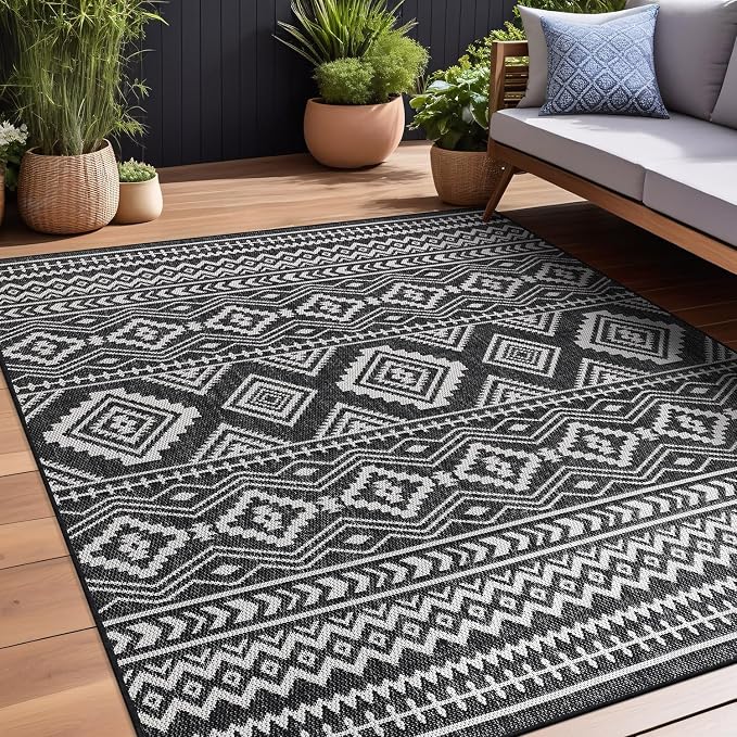 Beverly Rug Waikiki Boho Indoor Outdoor Rug 9x12, Washable Outside Carpet for Patio, Deck, Porch, Bohemian Area Rug, Farmhouse Rugs, Aztec Tribal Rug, Black and White