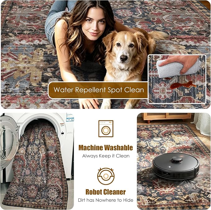 Washable Area Rugs - Perfect for Living Room, Bedroom, Kids Room, Nursery - Stain & Water Resistant Non-Slip, Pet & Child Friendly, Vintage Tribal Area Rugs (Rust, 3' x 5 ')