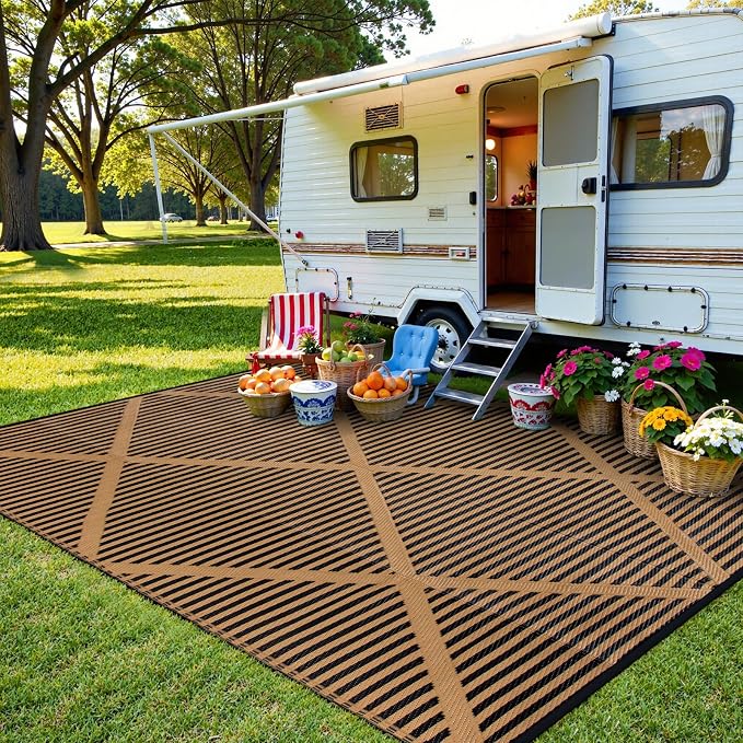 Lahome 6x9 Outdoor Plastic Straw Rug, Reversible Waterproof Camping Rug for Tent, Large Weatherproof Outside Carpet for Rv Beach Backyard Balcony Deck, Brown 6'x9'