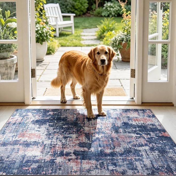 Sasttie 3x5 Entryway Area Rug, Modern Abstract Small Carpet, Pink & Blue | Machine Washable, Ultra-Soft Faux Wool, Non-Slip, Low Pile, Throw, Thin, for Entrance, Door-Mat, High-Traffic Areas