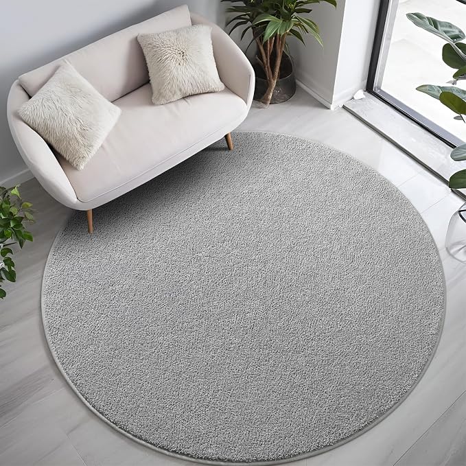 4' Grey Round Area Rug Modern Solid | Washable Memory Foam, Low Pile Non Slip Indoor Carpet for Living Room Bedroom Office Classroom College Dorm Room Home Decor