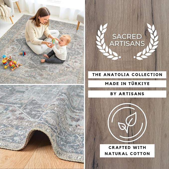 Sacred Artisans Vintage 5x7 Area Rug for Living Room, Dining Room and Office | Washable, Non Slip, Pet Friendly and Low Pile (Sierra, 5' x 7')