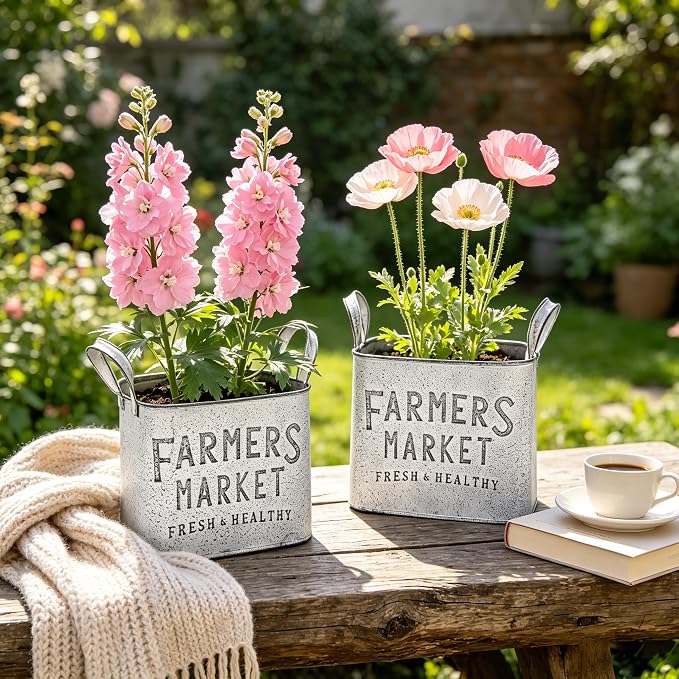 Vintage Metal Flower Planter Buckets with Handle Set of 2 Rustic Metal Flower Pots Farmhouse Plant Containers for Herb Succulent, Indoor Outdoor Garden Home Yard Bathroom Kitchen Decor (White)