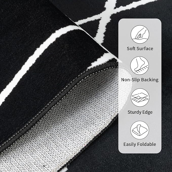 5x7 Washable Modern Abstract Black White Area Rug | Ultra-Thin Low Pile, Non-Slip TPE Backing, Soft Stain Resistant, Machine Washable, for Bedroom Livingroom High Traffic