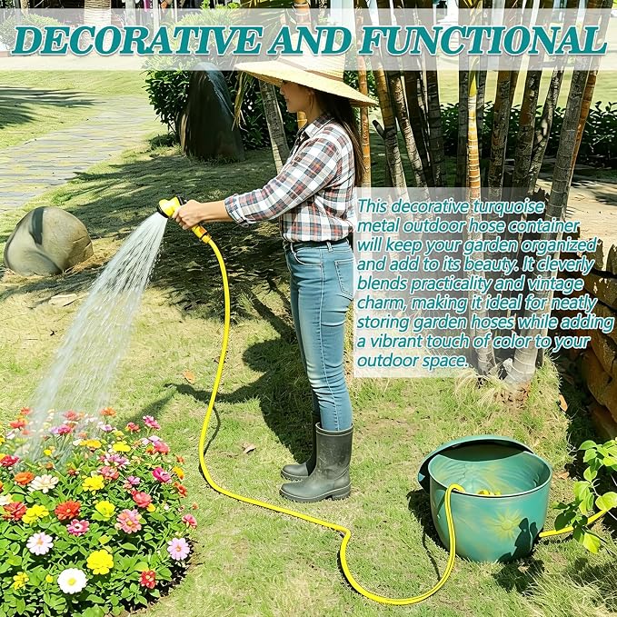 Vintage Blue Metal garden Hose Holder Storage Pot with Sunflower Decor,Holds up to 100ft Hoses.