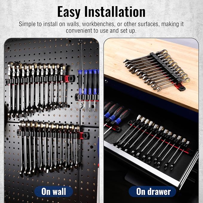 WORKPRO Magnetic Screwdriver and Wrench Organizer Set, 24-Slot Tool Holders | 2-Pack Aluminum Rails, Magnetic Force, Flexible High-Tension Tool Clips, For Tool Box Drawer & Wall-Mount Storage