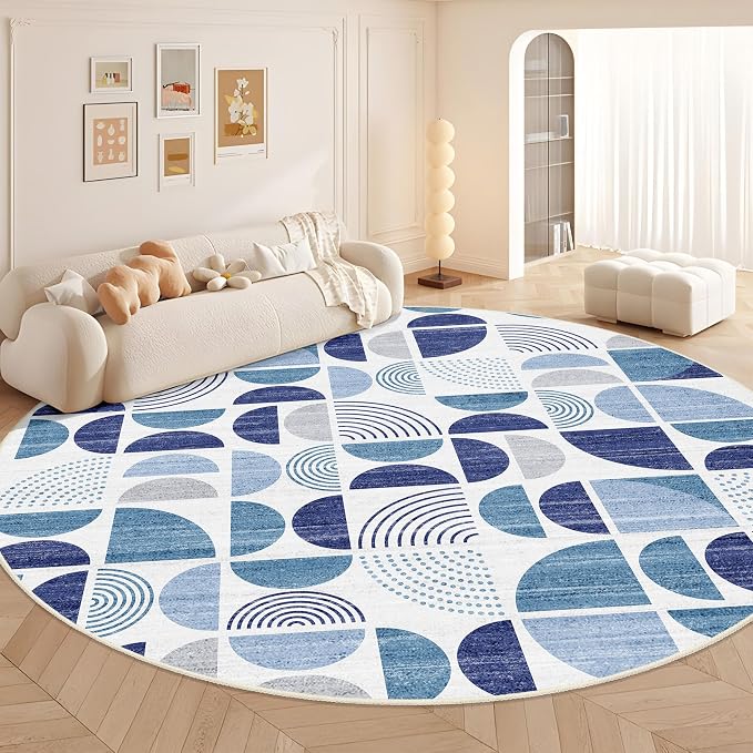 Round Rugs 9ft,Circle Area Rug Washable Non Slip Modern Abstract | Large Circular Rugs for Living Room Dining Room Boho Throw Carpet Soft Low Pile Floor Indoor Bohemian Navy Blue